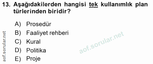 13. soru: Aşağıdakilerden hangisi tek kullanımlık plan türlerinden biridir? A) Prosedür rular.net B) Faaliyet rehberi C) Kural…