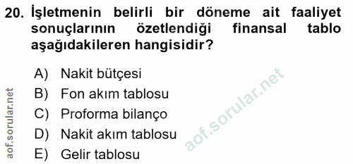 20. soru: İşletmenin belirli bir döneme ait faaliyet sonuçlarının özetlendiği finansal tablo aşağıdakileren hangisidir? A) Naki…