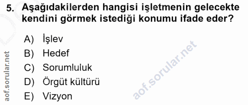 5. soru: Aşağıdakilerden hangisi işletmenin gelecekte kendini görmek istediği konumu ifade eder? A) Işlev B) Hedef C) Sorumlul…