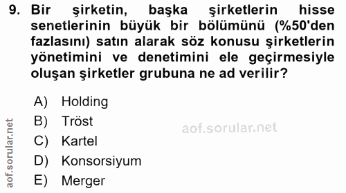 9. soru: Bir şirketin, başka şirketlerin hisse senetlerinin büyük bir bölümünü (%50'den fazlasını) satın alarak söz konusu şir…