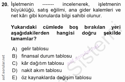 20. soru: İşletmenin incelenerek, işletmenin büyüklügü, satış eğilimi, ana gider kalemleri ve net kârı gibi konularda bilgi sah…