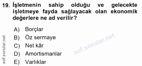 19. soru: İşletmenin sahip oldugu ve gelecekte işletmeye fayda sağlayacak olan ekonomik değerlere ne ad verilir? A) Borçlar B)…