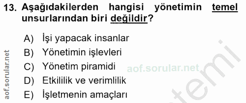 13. soru: Aşağıdakilerden hangisi yönetimin temel unsurlarından biri değildir? A) İşi yapacak insanlar B) Yönetimin işlevleri C…