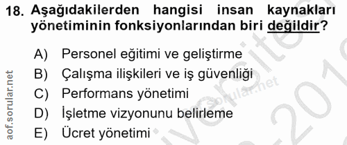 18. soru: Aşağıdakilerden hangisi insan kaynakları yönetiminin fonksiyonlarından biri değildir? A) Personel eğitimi ve geliştir…