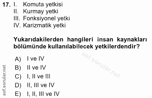 17. soru: I. Komuta yetkisi II. Kurmay yetki IlI. Fonksiyonel yetki IV. Karizmatik yetki Yukarıdakilerden hangileri insan kayna…