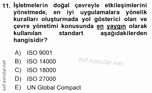 11. soru: İşletmelerin doğal çevreyle etkileşimlerini yönetmede, en iyi uygulamalara yönelik kuralları oluşturmada yol gösteric…