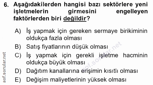 6. soru: Aşağıdakilerden hangisi bazı sektörlere yeni işletmelerin girmesini engelleyen faktörlerden biri değildir? A) İş yapm…