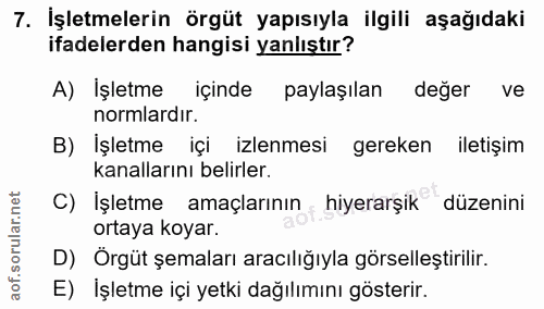 7. soru: İşletmelerin örgüt yapısıyla ilgili aşağıdaki ifadelerden hangisi yanlıştır? A) Işletme içinde paylaşılan değer ve no…