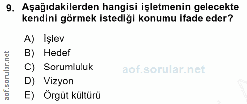 9. soru: Aşağıdakilerden hangisi işletmenin gelecekte kendini görmek istediği konumu ifade eder? A) İşlev orular.net B) Hedef…