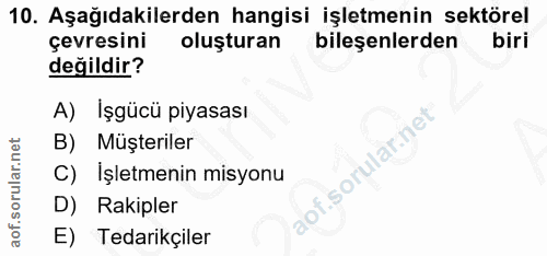 10. soru: Aşağıdakilerden hangisi işletmenin sektörel çevresini oluşturan bileşenlerden biri değildir? A) İşgücü piyasası lar.n…