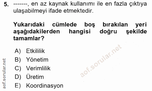 5. soru: --, en az kaynak kullanımı ile en fazla çıktıya ulaşabilmeyi ifade etmektedir. Yukarıdaki cümlede boş bırakılan yeri…