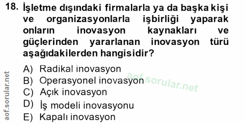 18. soru: İşletme dışındaki firmalarla ya da başka kişi ve organizasyonlarla işbirliği yaparak onların inovasyon kaynakları ve…