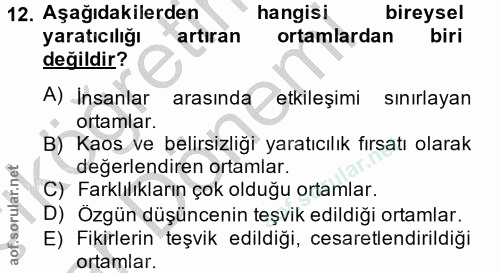 12. soru: Aşağıdakilerden hangisi bireysel yaratıcılığı artıran ortamlardan biri değildir? A) Insanlar arasında etkileşimi sini…