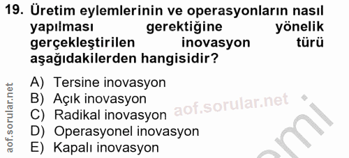 19. soru: Üretim eylemlerinin ve operasyonların nasıl yapılması gerektiğine yönelik gerçekleştirilen inovasyon türü aşağıdakile…