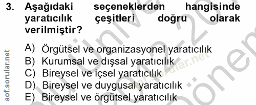 3. soru: Aşağıdaki seçeneklerden hangisinde yaratıcılık çeşitleri doğru olarak verilmiştir? A) Örgütsel ve organizasyonel yara…