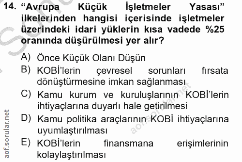 14. soru: "Avrupa Küçük Işletmeler Yasası" ilkelerinden hangisi içerisinde işletmeler üzerindeki idari yüklerin kısa vadede %25…