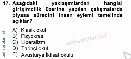 17. soru: Aşağıdaki yaklaşımlardan hangisi girişimcilik üzerine yapılan çalışmalarda piyasa sürecini insan eylemi temelinde açı…