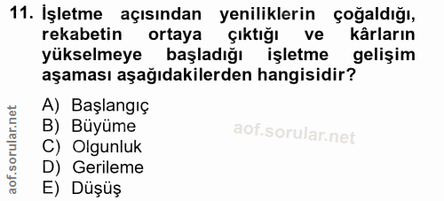 11. soru: İşletme açısından yeniliklerin çoğaldığı, rekabetin ortaya çıktığı ve kârların yükselmeye başladığı işletme gelişim a…