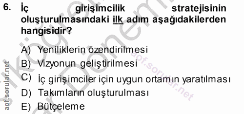 6. soru: iç girişimcilik stratejisinin oluşturulmasındaki ilk adım aşağıdakilerden hangisidir? A) Yeniliklerin özendirilmesi B…