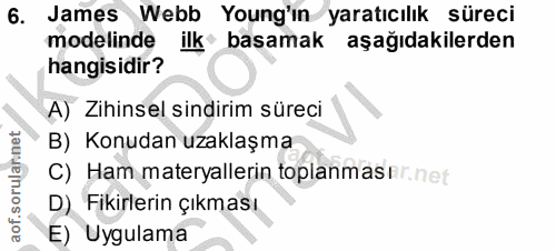 6. soru: James Webb Young'ın yaratıcılık süreci modelinde ilk basamak aşağıdakilerden hangisidir? A) Zihinsel sindirim süreci…