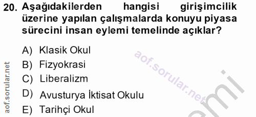 20. soru: Aşağıdakilerden hangisi girişimcilik üzerine yapılan çalışmalarda konuyu piyasa sürecini insan eylemi temelinde açıkl…