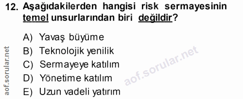 12. soru: Aşağıdakilerden hangisi risk sermayesinin temel unsurlarından biri değildir? A) Yavaş büyüme B) Teknolojik yenilik lo…