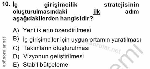 10. soru: Iç girişimcilik stratejisinin oluşturulmasındaki ilk adım aşağıdakilerden hangisidir? A) Yeniliklerin özendirilmesi B…