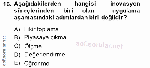 16. soru: Aşağıdakilerden hangisi inovasyon süreçlerinden biri olan uygulama aşamasındaki adımlardan biri değildir? A) Fikir to…