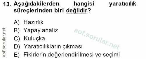 13. soru: Aşağıdakilerden hangisi yaratıcılık süreçlerinden biri değildir? A) Hazırlık B) Yapay analiz C) Kuluçka D) Yaratıcılı…
