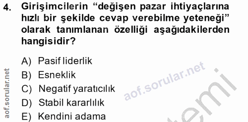 4. soru: Girişimcilerin "değişen pazar ihtiyaçlarına hızlı bir şekilde cevap verebilme yeteneği" olarak tanımlanan özelliği aş…