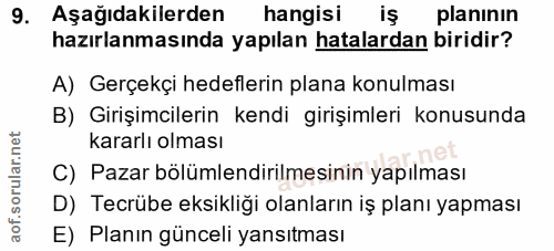 9. soru: Aşağıdakilerden hangisi iş planının hazırlanmasında yapılan hatalardan biridir? A) Gerçekçi hedeflerin plana konulmas…