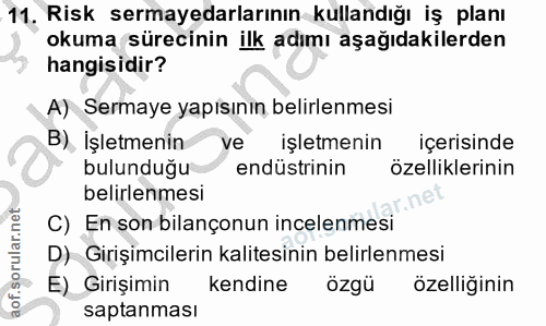 11. soru: Risk sermayedarlarının kullandığı iş planı okuma sürecinin ilk adımı aşağıdakilerden hangisidir? A) Sermaye yapısının…