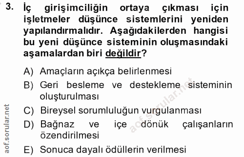 3. soru: İç girişimciliğin ortaya çıkması için işletmeler düşünce sistemlerini yeniden yapılandırmalıdır. Aşağıdakilerden hang…
