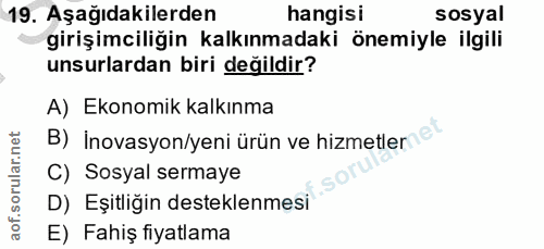 19. soru: Aşağıdakilerden hangisi sosyal girişimciliğin kalkınmadaki önemiyle ilgili unsurlardan biri değildir? A) Ekonomik kal…