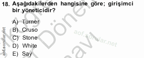 18. soru: Aşağıdakilerden hangisine göre; girişimci bir yöneticidir? A) Turner B) Cruso C) Stone War.net D) White E) Say