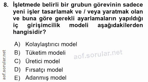8. soru: İşletmede belirli bir grubun görevinin sadece yeni işler tasarlamak ve / veya yaratmak olan ve buna göre gerekli ayar…