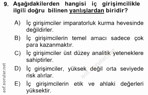 9. soru: Aşağıdakilerden hangisi iç girişimcilikle ilgili doğru bilinen yanlışlardan biridir? A) İç girişimciler imparatorluk…