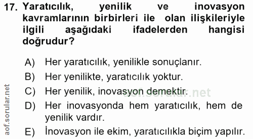 17. soru: Yaratıcılık, yenilik ve inovasyon kavramlarının birbirleri ile olan ilişkileriyle ilgili aşağıdaki ifadelerden hangis…