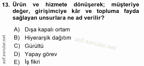 13. soru: Urün ve hizmete dönüşerek; müşteriye değer, girişimciye kâr ve topluma fayda sağlayan unsurlara ne ad verilir? A) Dış…