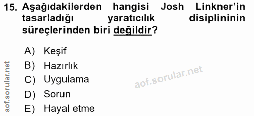 15. soru: Aşağıdakilerden hangisi Josh Linkner'in tasarladığı yaratıcılık disiplininin süreçlerinden biri değildir? A) Keşif B)…