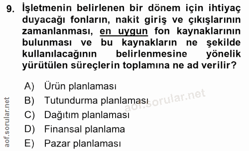 9. soru: İşletmenin belirlenen bir dönem için ihtiyaç duyacağı fonların, nakit giriş ve çıkışlarının zamanlaması, en uygun fon…