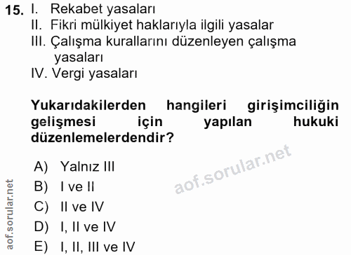 15. soru: I Rekabet yasaları II. Fikri mülkiyet haklarıyla ilgili yasalar III. Çalışma kurallarını düzenleyen çalışma yasaları…