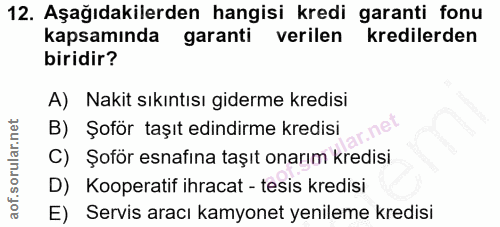 12. soru: Aşağıdakilerden hangisi kredi garanti fonu kapsamında garanti verilen kredilerden biridir? A) Nakit sıkıntısı giderme…