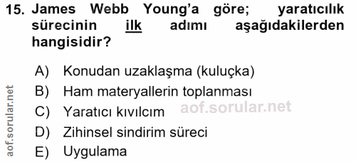 15. soru: James Webb Young'a göre; yaratıcılık sürecinin ilk adımı aşağıdakilerden hangisidir? A) Konudan uzaklaşma (kuluçka) B…