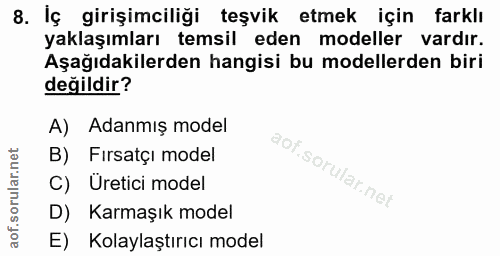 8. soru: Iç girişimciliği teşvik etmek için farklı yaklaşımları temsil eden modeller vardır. Aşağıdakilerden hangisi bu modell…