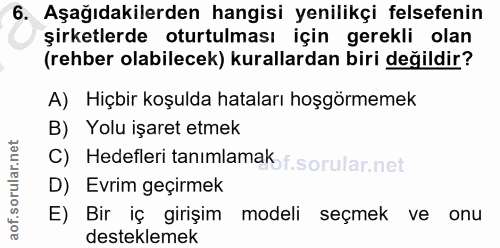 6. soru: Aşağıdakilerden hangisi yenilikçi felsefenin şirketlerde oturtulması için gerekli olan (rehber olabilecek) kurallarda…