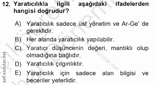 12. soru: Yaratıcılıkla ilgili aşağıdaki ifadelerden hangisi doğrudur? A) Yaratıcılık sadece üst yönetim ve Ar-Ge' de gereklidi…