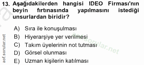 13. soru: Aşağıdakilerden hangisi IDEO Firması'nın beyin fırtınasında yapılmasını istediği unsurlardan biridir? A) Sıra ile kon…