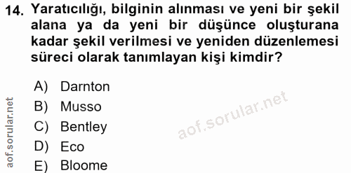 14. soru: Yaratıcılığı, bilginin alınması ve yeni bir şekil alana ya da yeni bir düşünce oluşturana kadar şekil verilmesi ve ye…