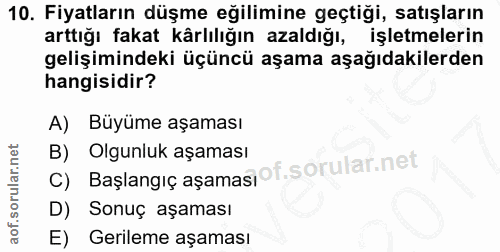 10. soru: Fiyatların düşme eğilimine geçtiği, satışların arttığı fakat kârlılığın azaldığı, işletmelerin gelişimindeki üçüncü a…
